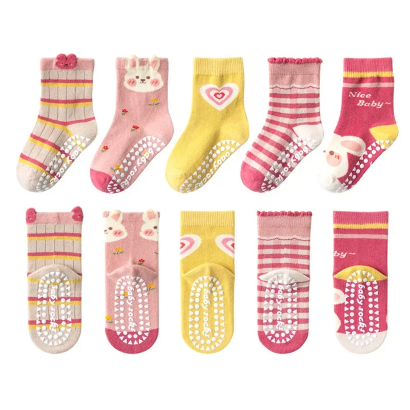 5 Pairs Children's Cotton Socks 1-12Ys Mid-tube Dispensing Floor Playground Non-slip Socks Trampoline Toddler Socks 6