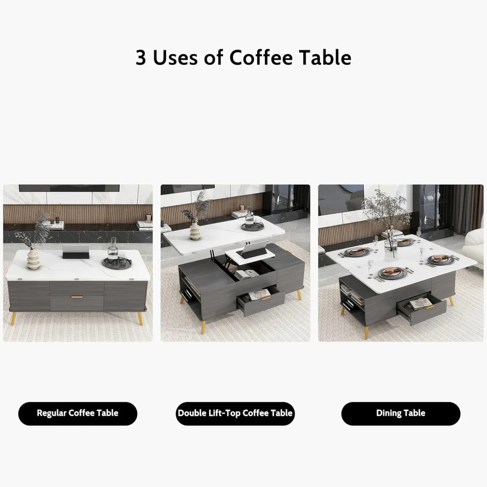 Coffee Table, Modern Lift Top Coffee Table with 4 Drawers, Open Shelves & Hidden Compartment, Convertible Dining Table 4