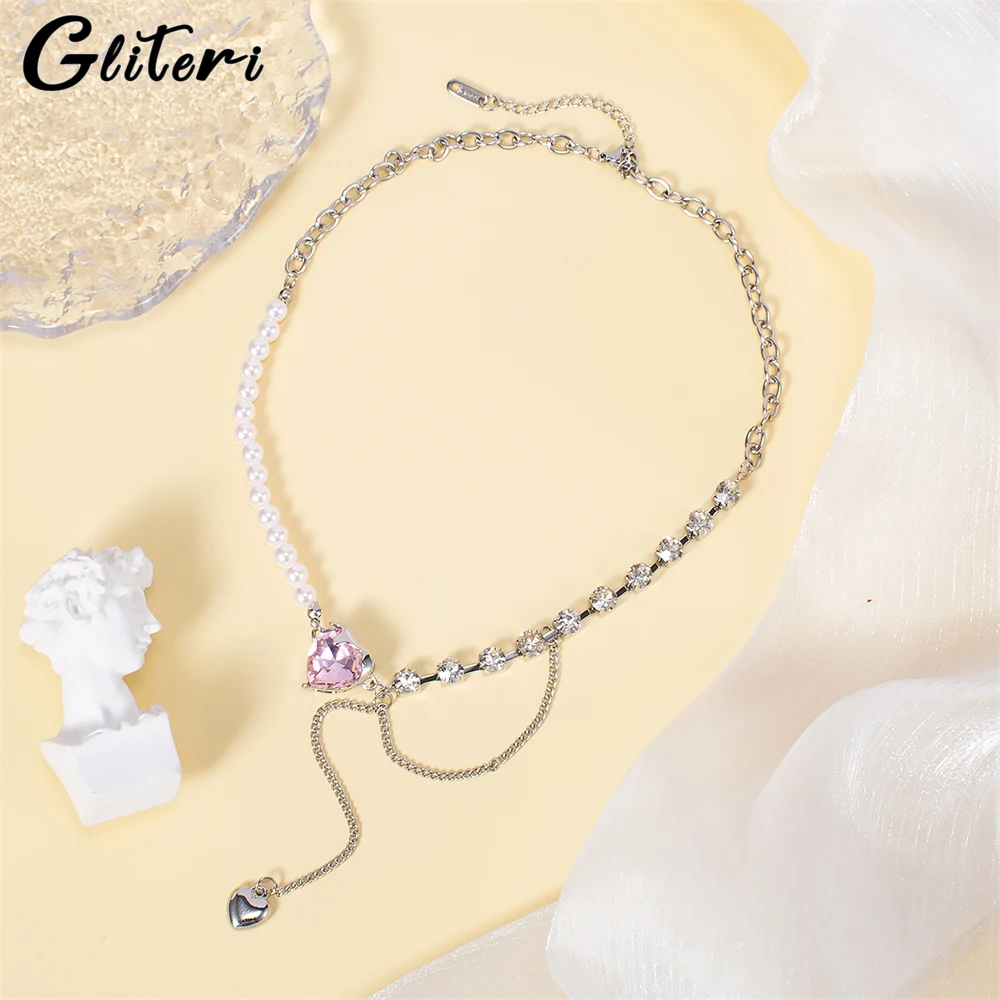 

GEITERI INS Style Pink Heart Patchwork Pearl Necklaces For Women Girls Silver Color Chain Pearl Love Pendant Choker Jewelry Gift