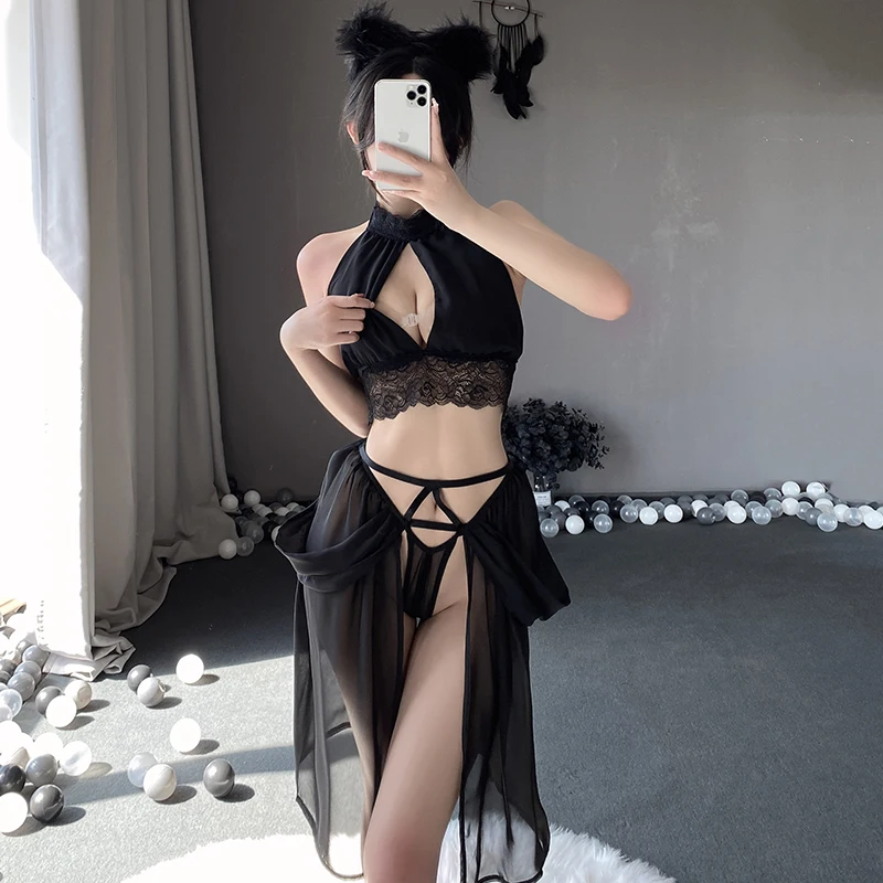 

Sexy Lingerie Women Lace Nightdress Open File Perspective Pajamas Erotic Halter Teddy Bodysuit Sleeveless Long High Spilt Dress