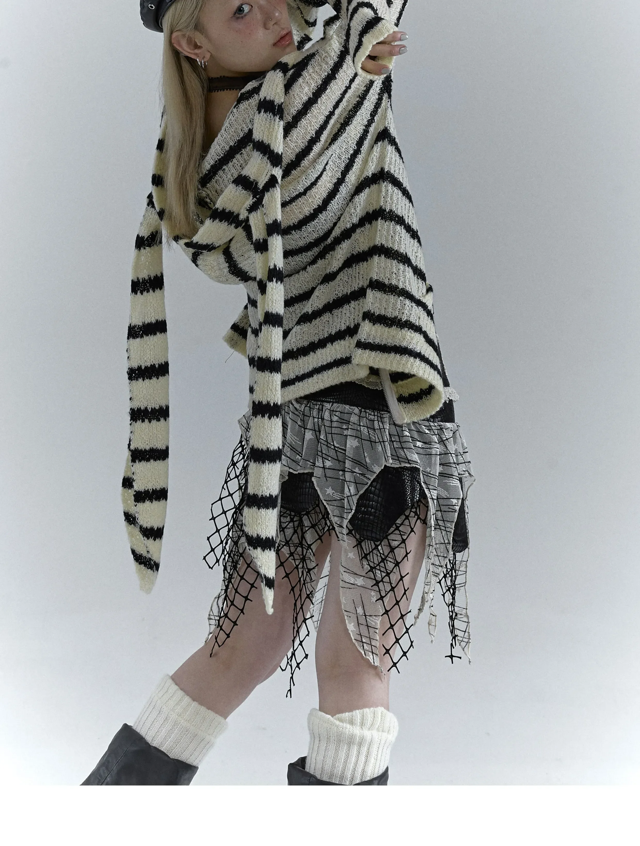 

2023 Grunge Aesthetics Striped Cardigan Vintage Rabbit Ears Knitwears Harajuku Lolita Japanese Y2k Hollowed Out Knit Outerwear