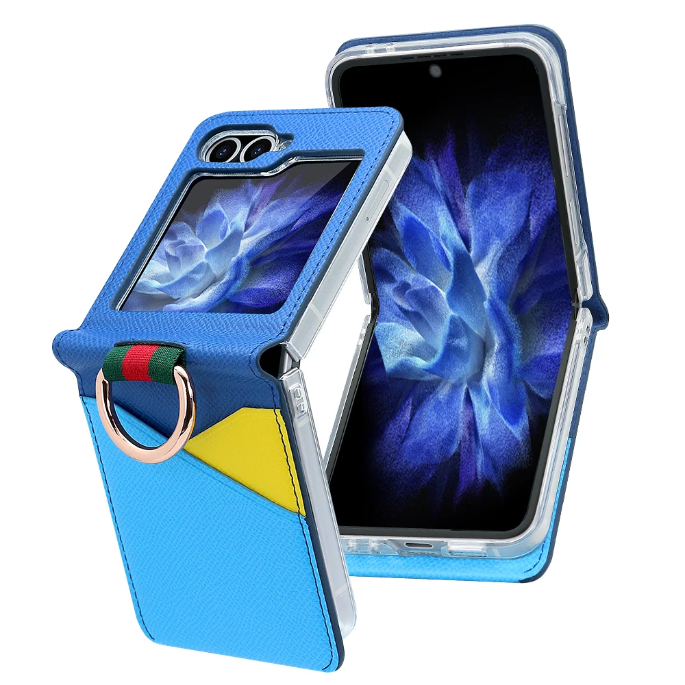 Color Collision Design Z Flip Phone Case with Finger Ring and Card Slot, Premium PU Leather