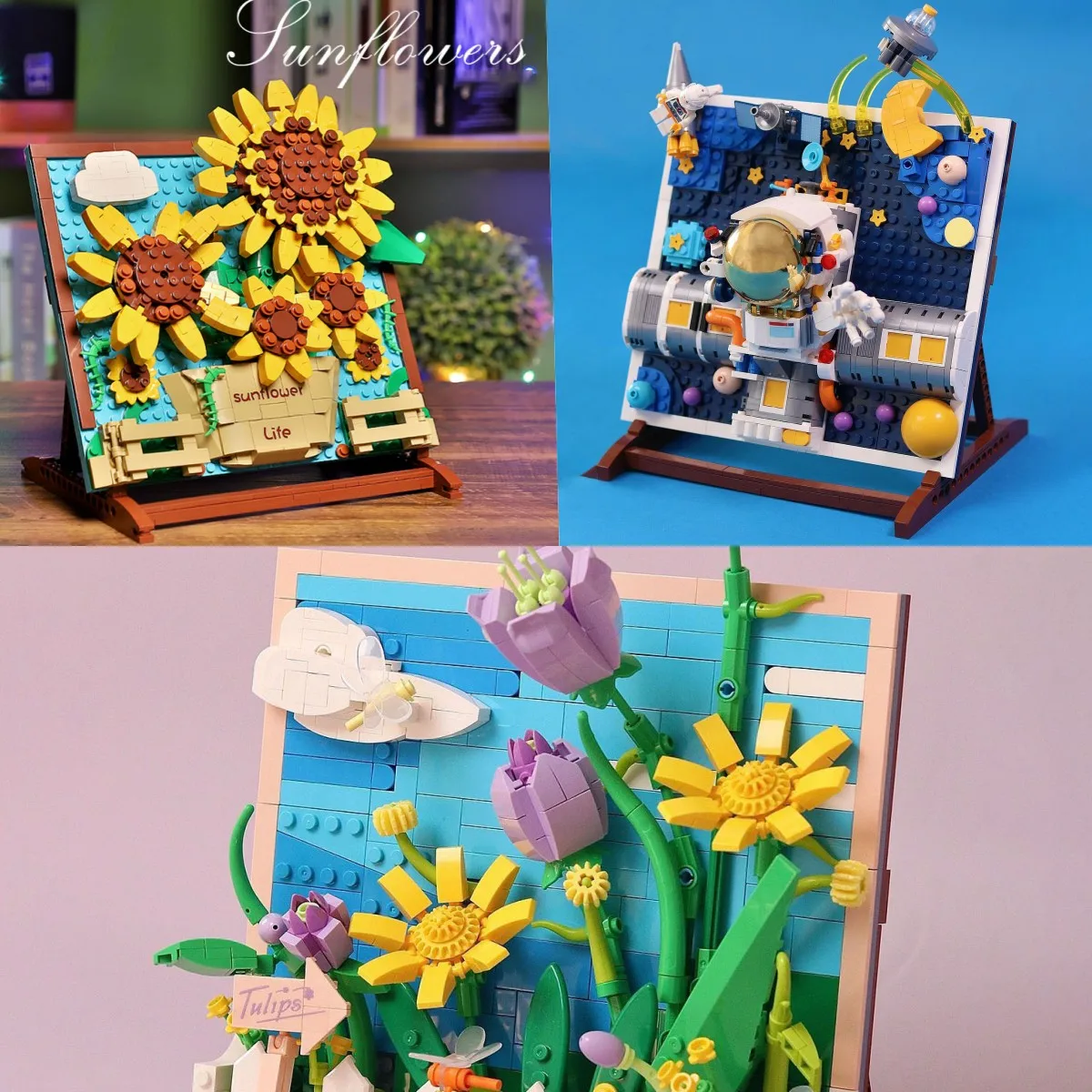 

Креативная модель астронавтов MOC, Подсолнух, тюльпан, строительный блок, креативное художественное 3d-изображение, искусственная картина, подарок на день рождения