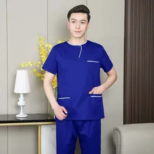 

Men Scrub Suit Mock Wrap Medical Uniforms Short Sleeve Nursing Clothes Cotton Doctor Costume Workwear Pants Veterinary Surgical