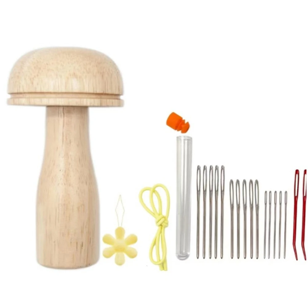 

DIY Wooden Hole Mushroom Patchwork Kit Repair Knitting Crafts Needle Base Includes Accessories Fun and Colorful