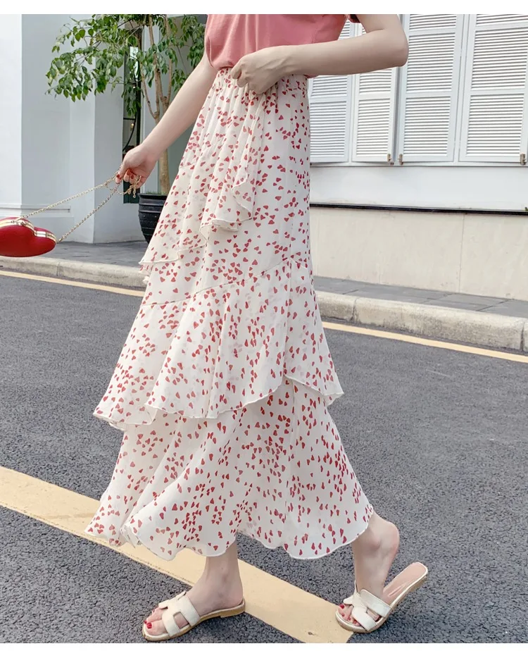 Summer Skirts Womens 2022 New Polka Dots Floral Print Chiffon Pleated Skirt Irregular Cake Skirt Casual Midi Skirt Women Clothes hoop skirt