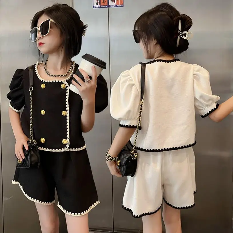 

Girl Short Sleeve Top + Shorts 2pcs Sets Princess Fashion Suits Summer New Double Breasted Shirts + Pant Sets 4-14Y Wz792