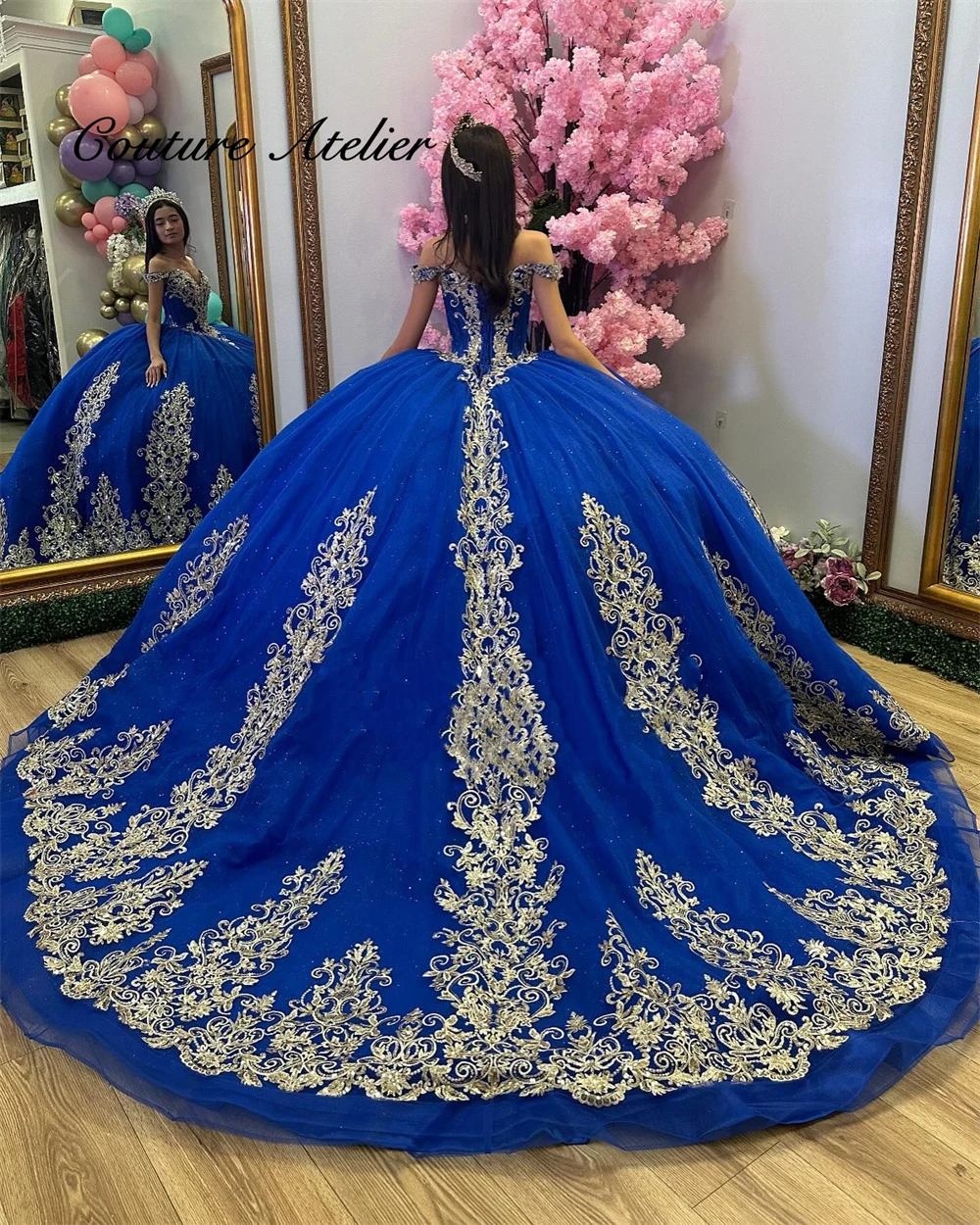 2025 Gold Embroidered Ball Gown Quinceanera Dress - Strapless Royal Blue Prom Evening Dress With Corset Back - View #3