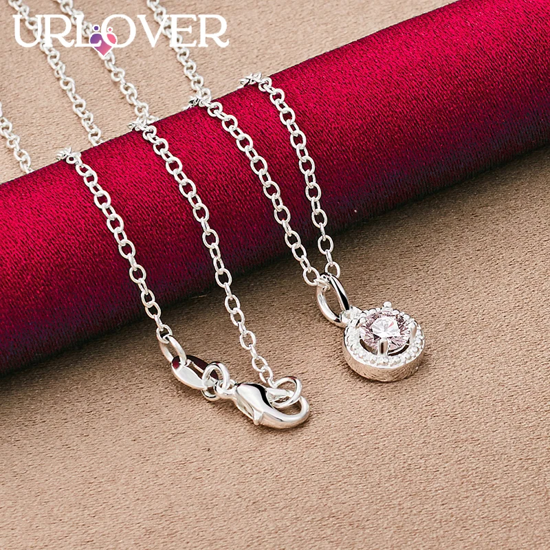 

URLOVER 925 Sterling Silver Necklace For Woman Small Round Zircon Crystal Pendant Necklaces Fashion Party Wedding Charm Jewelry