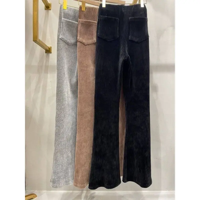 Plush and Thickened 2023 Winter New Elastic High Waisted Corduroy Flared Pants for Women's Casual Long Pants