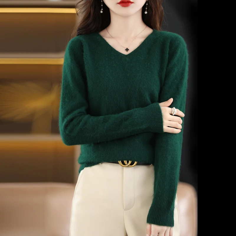 BELIARST 2024 Autumn Winter New Women's Clothing Sweater 100% Mink Cashmere Velvet V-Neck Pullover Knitted Large Size Tops 5