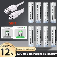 AA 충전식 리튬 이온 배터리, 원격 제어 마우스 소형 선풍기 전기 장난감 배터리, 2200mWh USB 1.5V