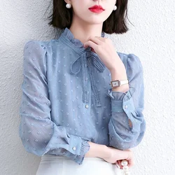 2022Autumn Simplicity Polka Dot Solid Color Chiffon Turn-down Collar Long Sleeve Blouse Women Clothes Korean Lacing Bow Shirts