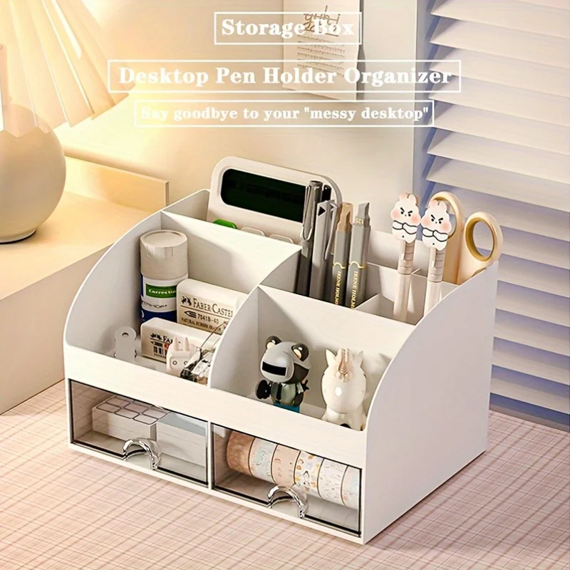 Organizer da scrivania a 6 scomparti con 2 cassetti, contenitore in plastica per cosmetici, set organizer da scrivania, portapenne, perfetto per l'organizzazione