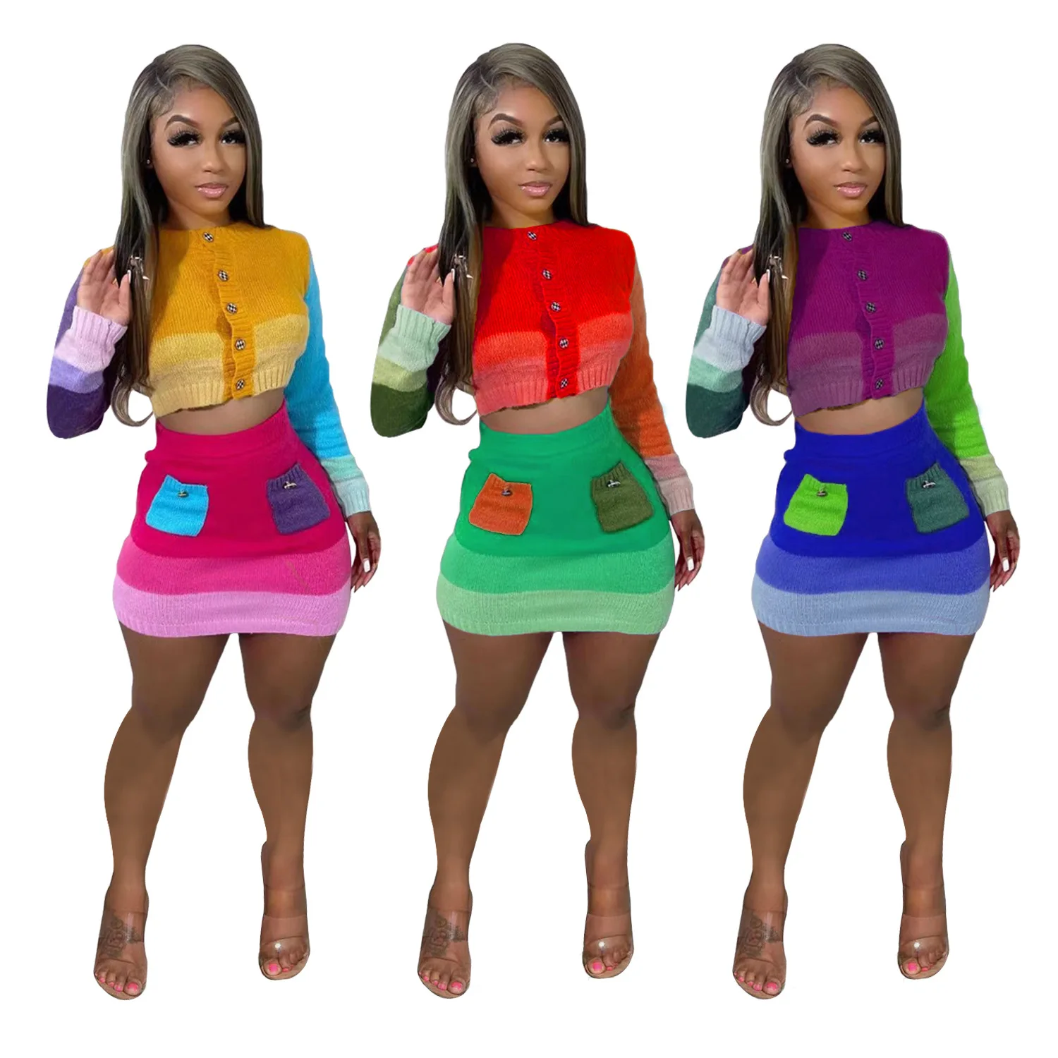 

Spring Summer African Women Long Sleeve O-neck Polyester Two Pieces Sets Top and Skirts African Suit African Clothes for Women