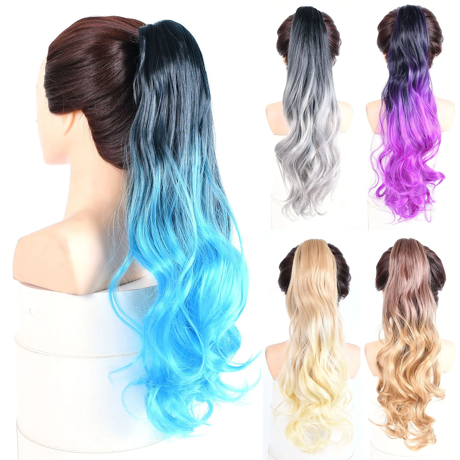 jeedou Synthetic Long Wavy Hair Ponytail Extension Claw Clip in Hair Blue Purple Ombre Color