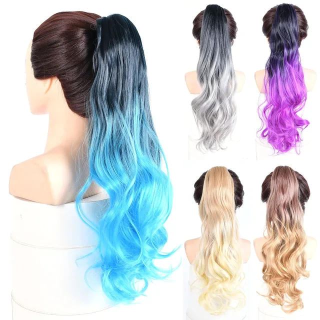 jeedou Synthetic Long Wavy Hair Ponytail Extension Claw Clip in Hair Blue Purple Ombre Color