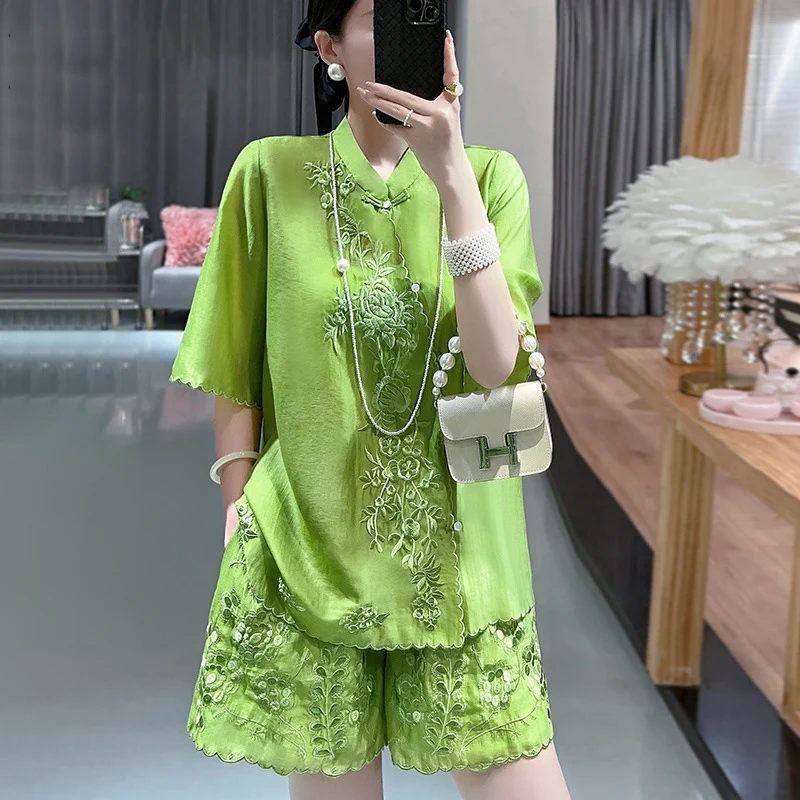 Summer High Quality New Chinese Style Rayon Embroidered Standing Collar Half Sleeve Top+Shorts Elegant Two Piece Set S-XXL