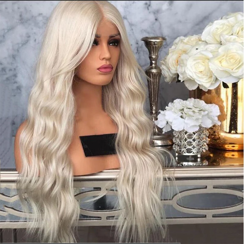 60# Platinum Blonde Wavy Lace Front Wig Long Natural Wave White Blonde Synthetic Lace Front Wig White Heat Resistant
