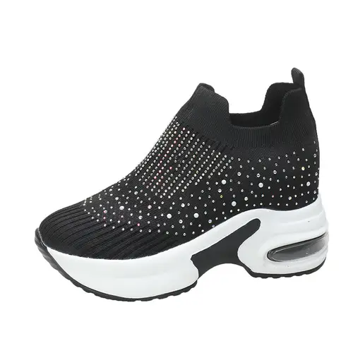 2025 High Quality Air Cushion Shoes For Women lightweight Breathable Hiking Shoes Rhinestone Platform wedge SLIP-ON sneakers - Image 8