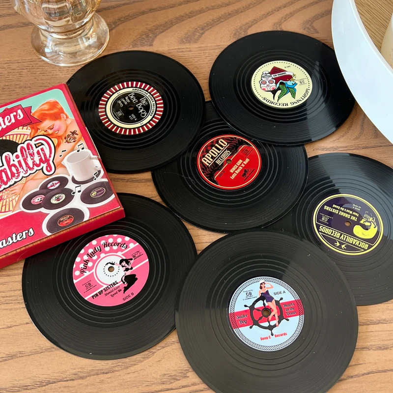 Set Of 6 Vinyl Record Coasters - Retro Music Theme Drink Coasters For Bars, Cafes, Home & Gifts