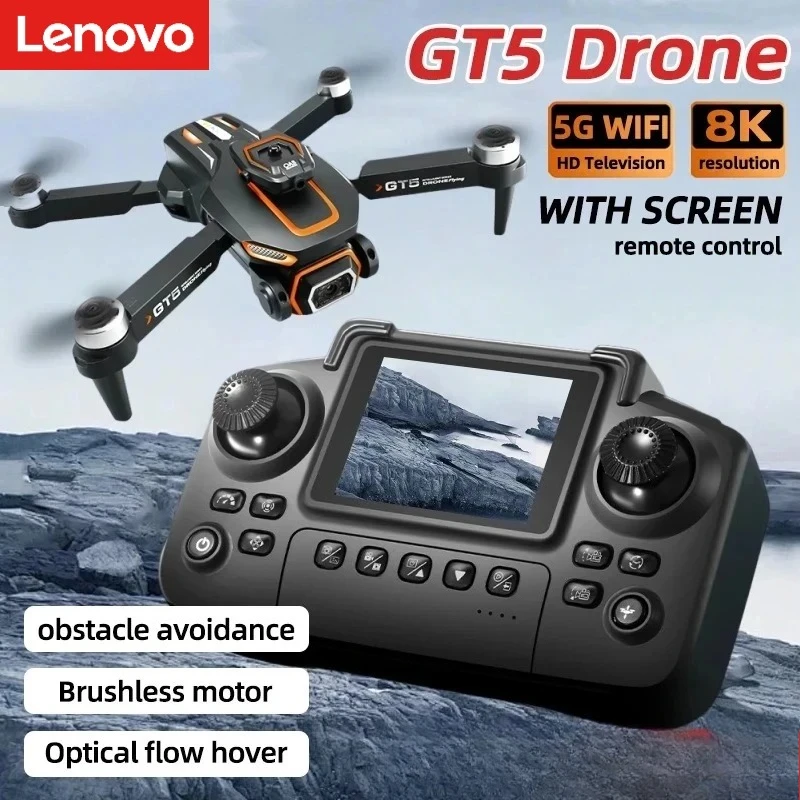 레노버 GT5 미니 드론 4K 프로페셔널 8K HD 카메라 RC 스크린 탑재 브러시리스 광학 흐름 쿼드콥터 장애물 회피 완구