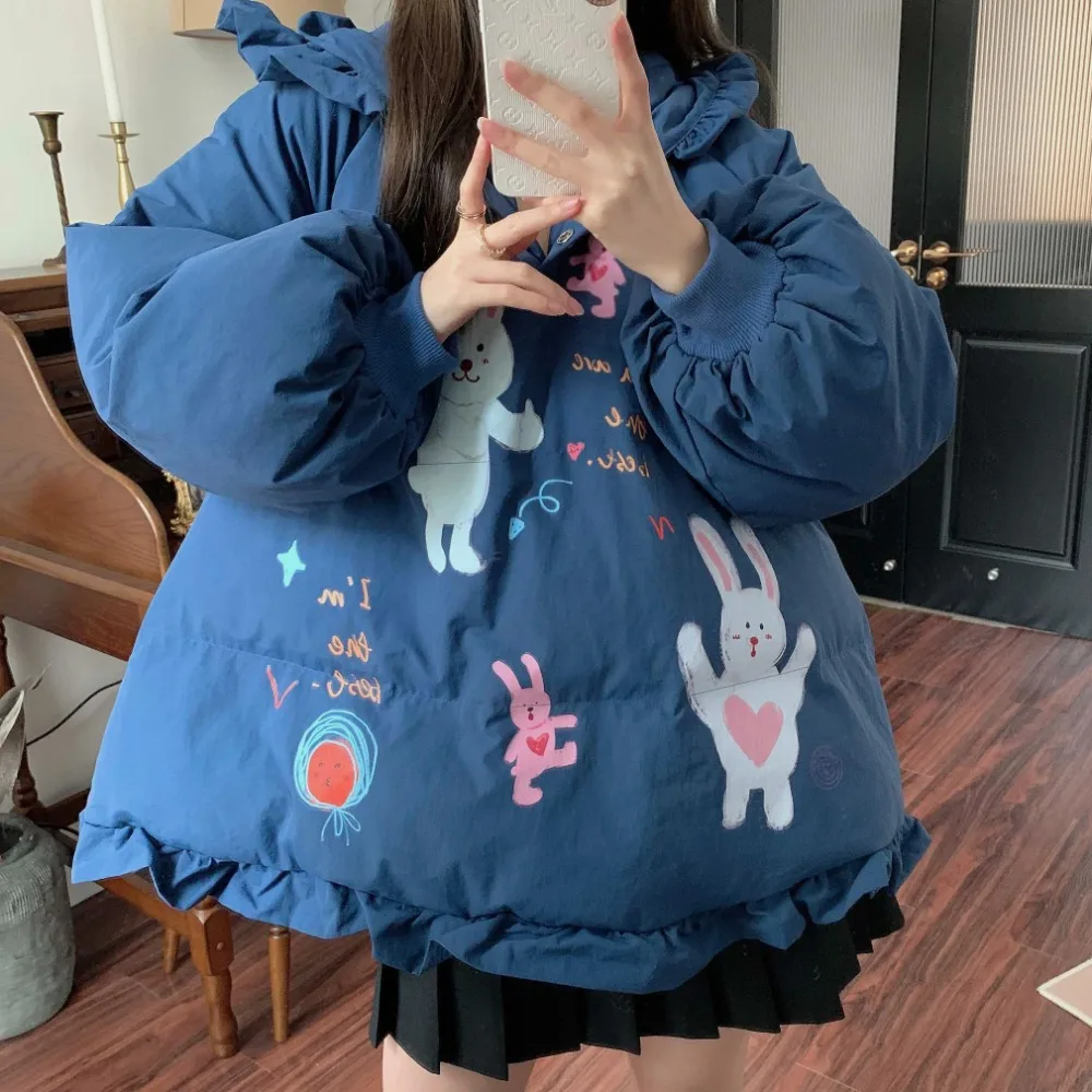

Love Rabbit Bunny Cartoon Printed Winter Coat Parkas Thicken Cotton Warm Hoodies Loose Kawaii Cloak Type Japanese Teenage Girls