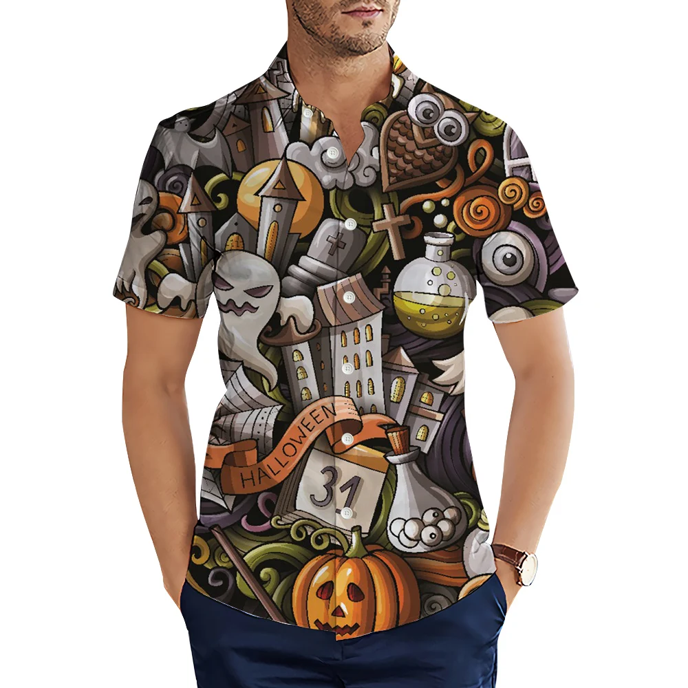 

CLOOCL Men Shirts Happy Halloween Pumpkin Graphics 3D Printing Blouse Short Sleeve Lapel Male Hawaiian Shirts Casual Tops