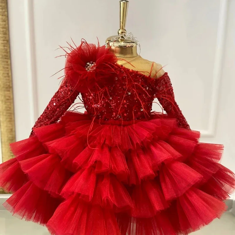Luxurious Feather Child Birthday Party Dress Sparkly Girl Wedding Party Dress Puff Flower Girl Dress Cute Baby First Gown