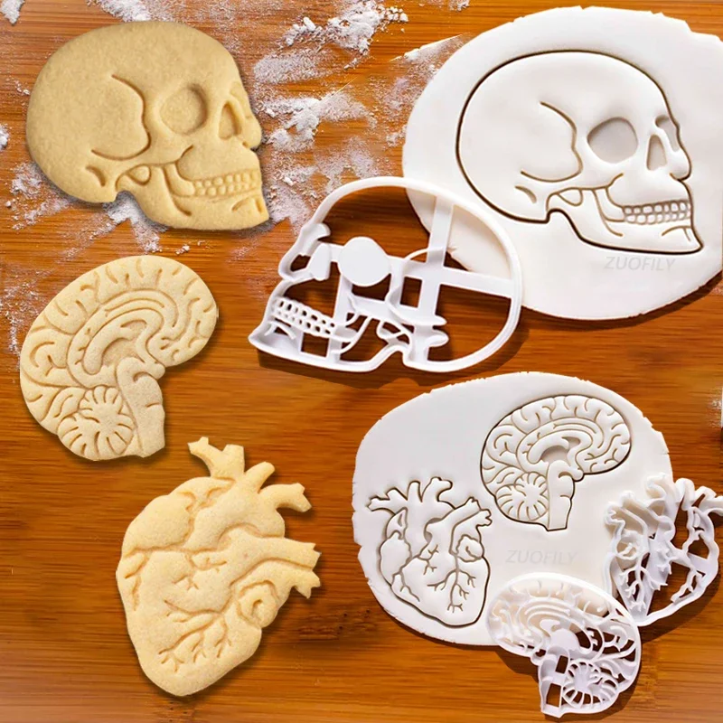 Halloween Skull Brain Organs Cookie Cutters Plastic 3D Cartoon Pressable Biscuit Stamp Chocolate Mold Cake Decorating Tools cookie cutter cookie mould cookie printing mold baking mold cookie maker press kit baking decorating tools