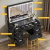 Large Black Makeup Vanity Desk Set with LED Mirror & Charger Station, Glass Top Vanity with 9 Drawers and Adjustable 6