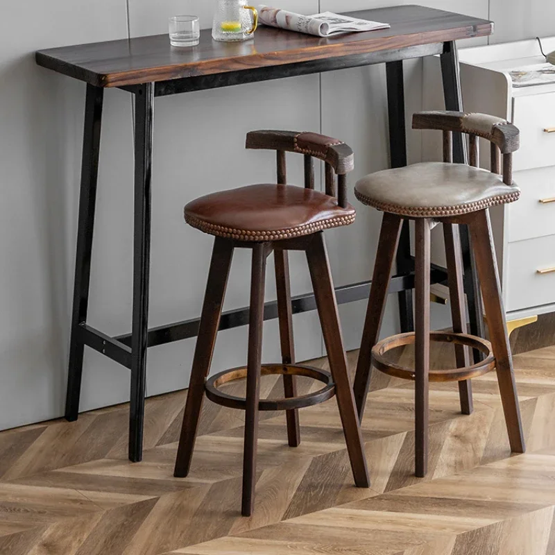 Vintage Solid Wood Bar Chair Light Luxury American Style Rotatable Home Kitchen Dining Room Nordic High Legged Stool
