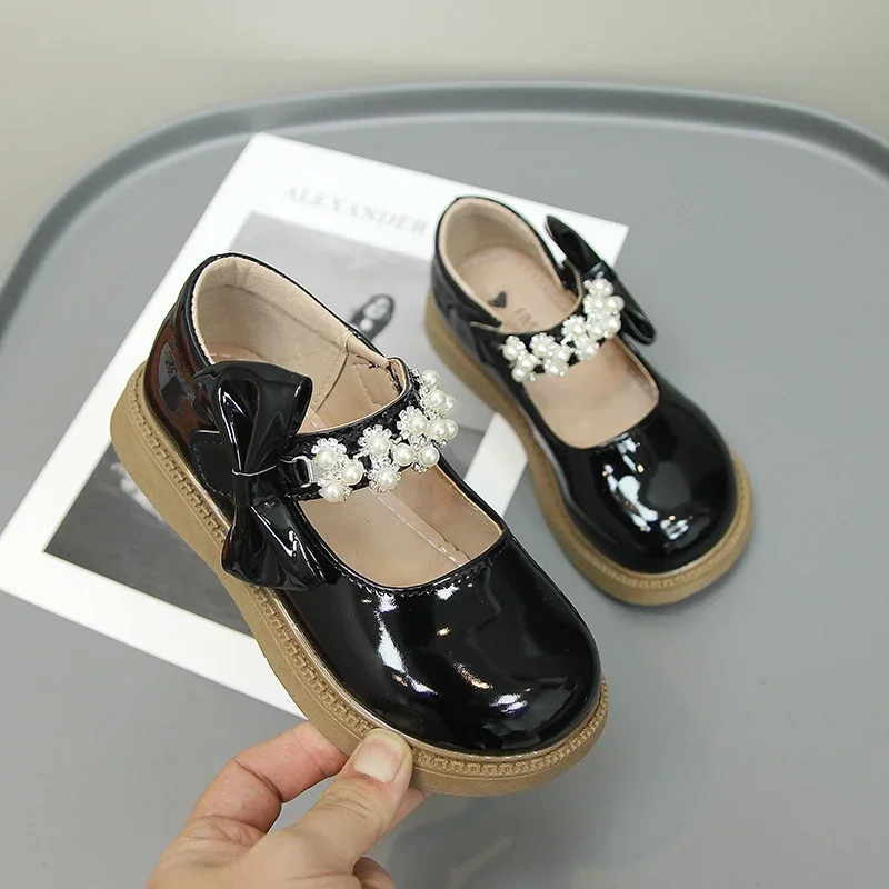 Girls Leather Shoes Children Fashion Bow with Pearls Chic Princess Glossy Versatile Shallow Loafers for Party Wedding