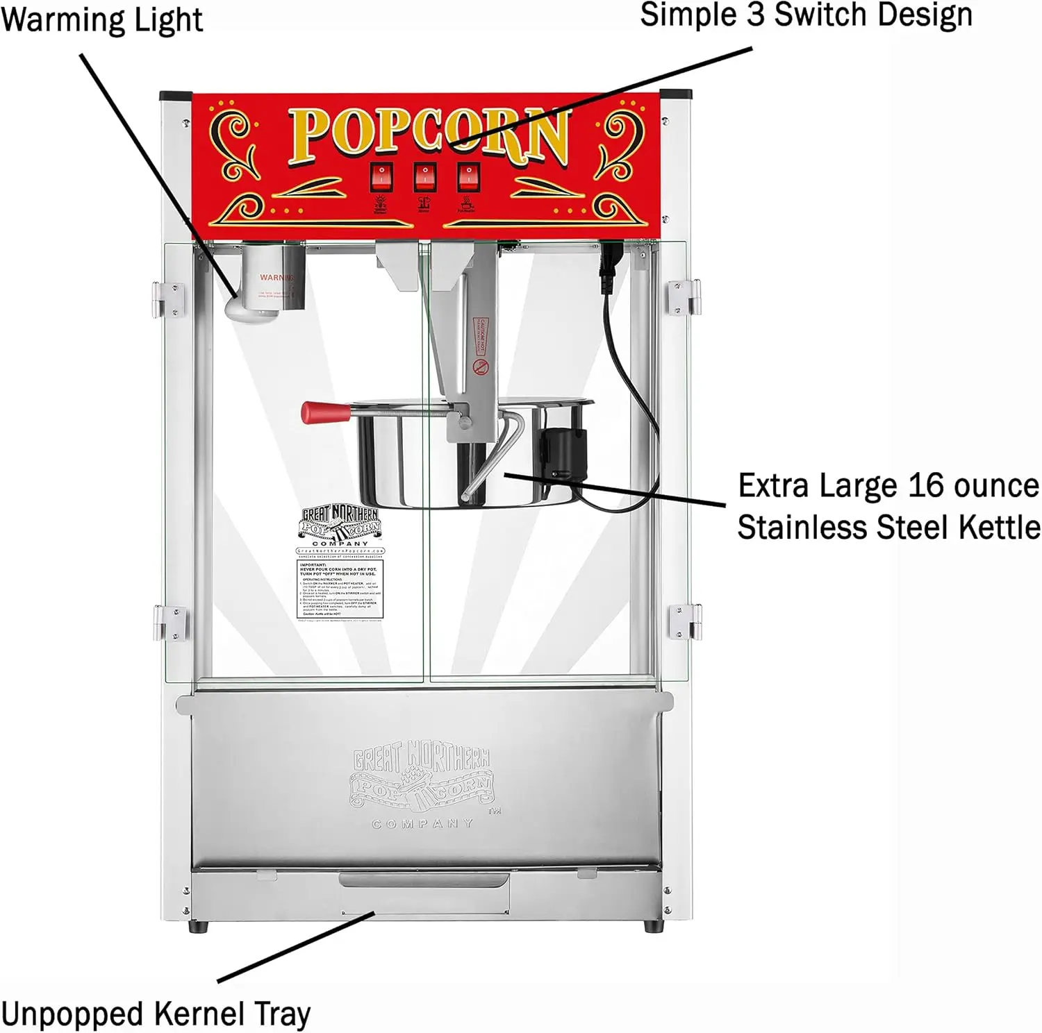 Midway Marvel Countertop Popcorn Machine 7 Gallon Popper-16oz Kettle Old Maids Drawer Warming Tray Scoop 16 Ounce Silver/red
