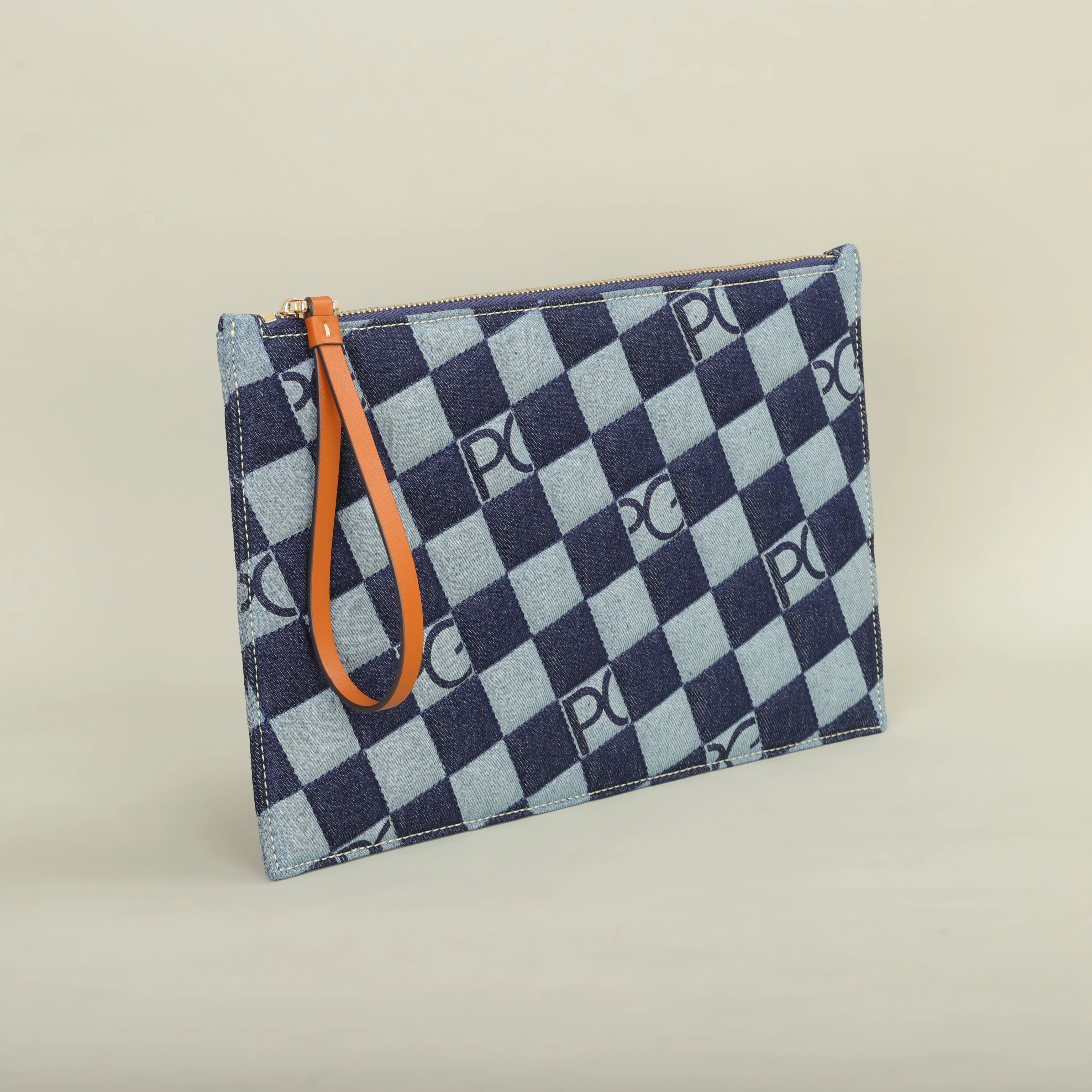 Interior view of nylon plaid clutch bag
