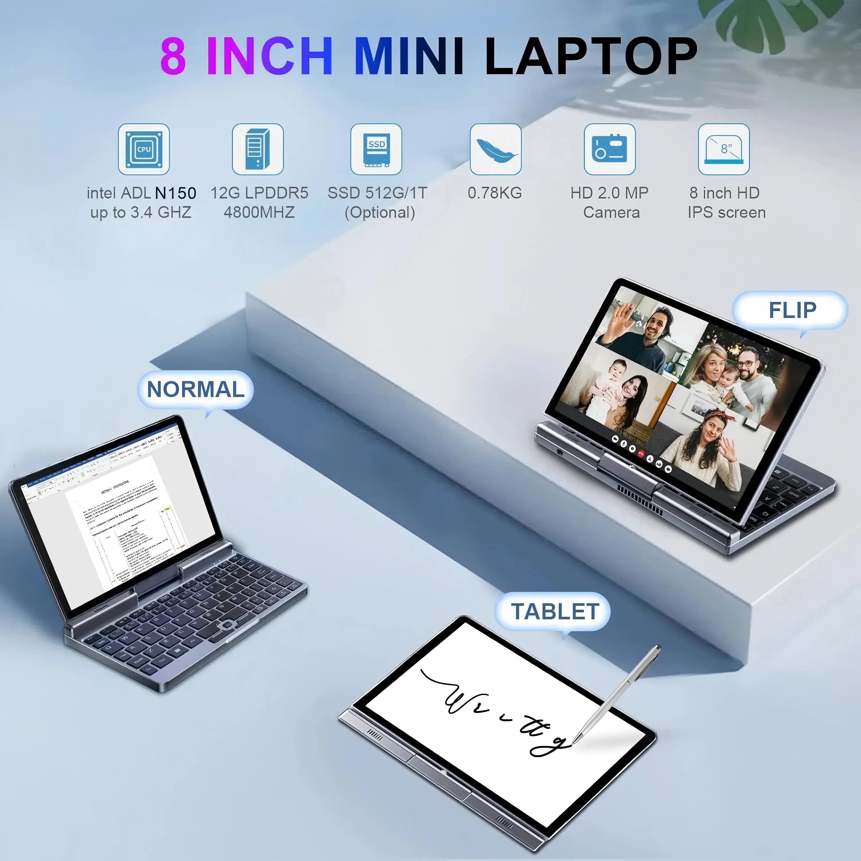 Mini laptop da 8 pollici N150 Notebook IPS Touch Screen Netbook portatile Windows 11 Mini PC Micro computer Bluetooth 5.2 12 GB LPDRR5 - immagine 6