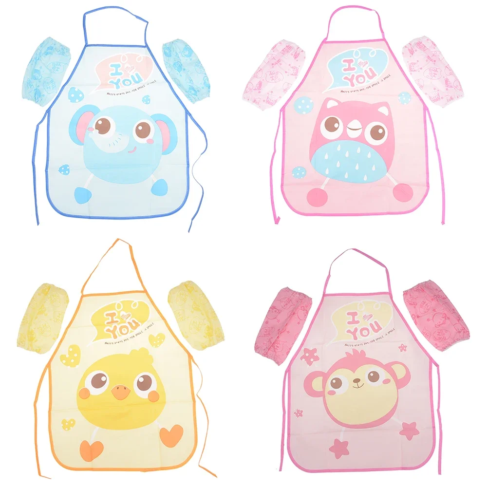 Children Painting Apron Cute Cartoon Children Apron Sleeves Chef Hat Pocket Set Kid Craft Art Kitchen Cooking Chef Suit Drink Food Baking Apron 3-8Y