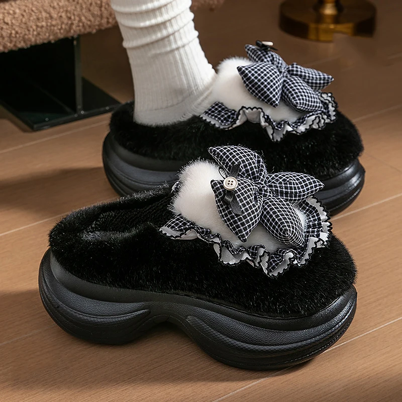 Lovely Bowknot Decor Fluffy Slippers for Women 2025 Indoor Non Slip Warm Cotton Slides Woman Thick Sole Plush Slippers Female