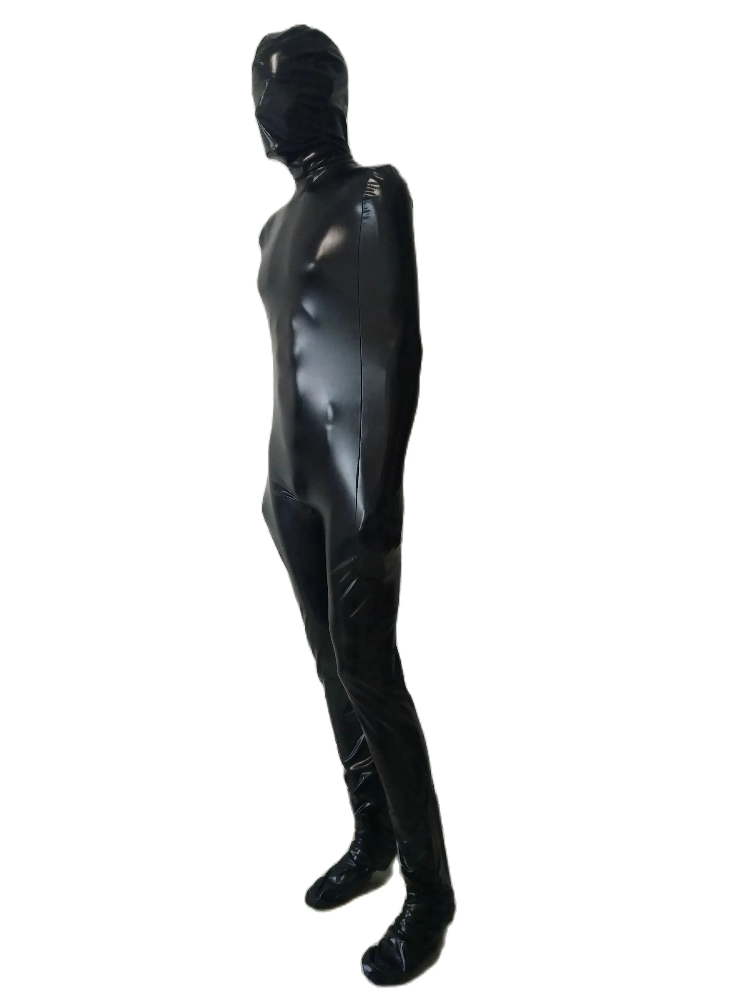 

Unisex black shiny metallic spandex zentai catsuit With inner sleeve adult cosplay jumpsuit split leg body bag Fancy Dress