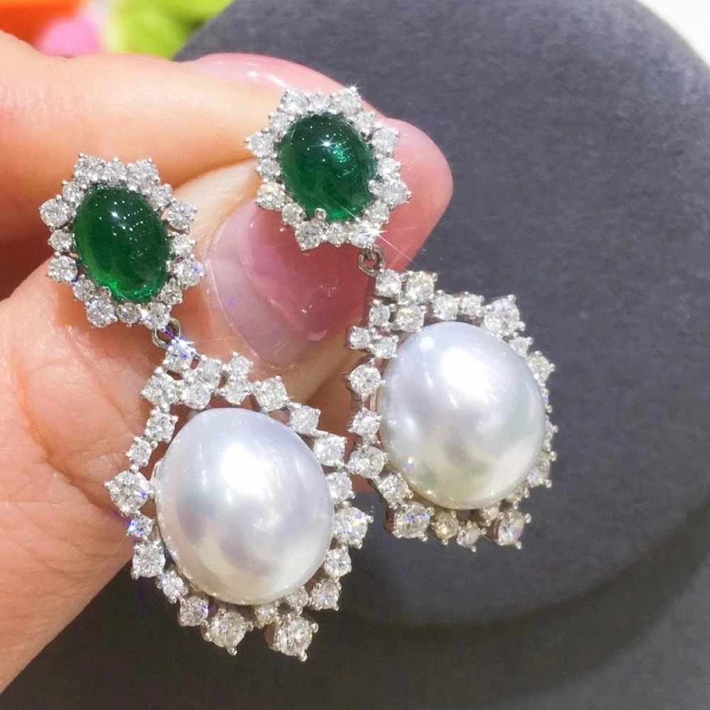 Wong Rain Vintage 925 Sterling Silver Natural Pearl Emerald High Carbon Diamond Gemstone Drop Earrings Customized Fine Jewelry