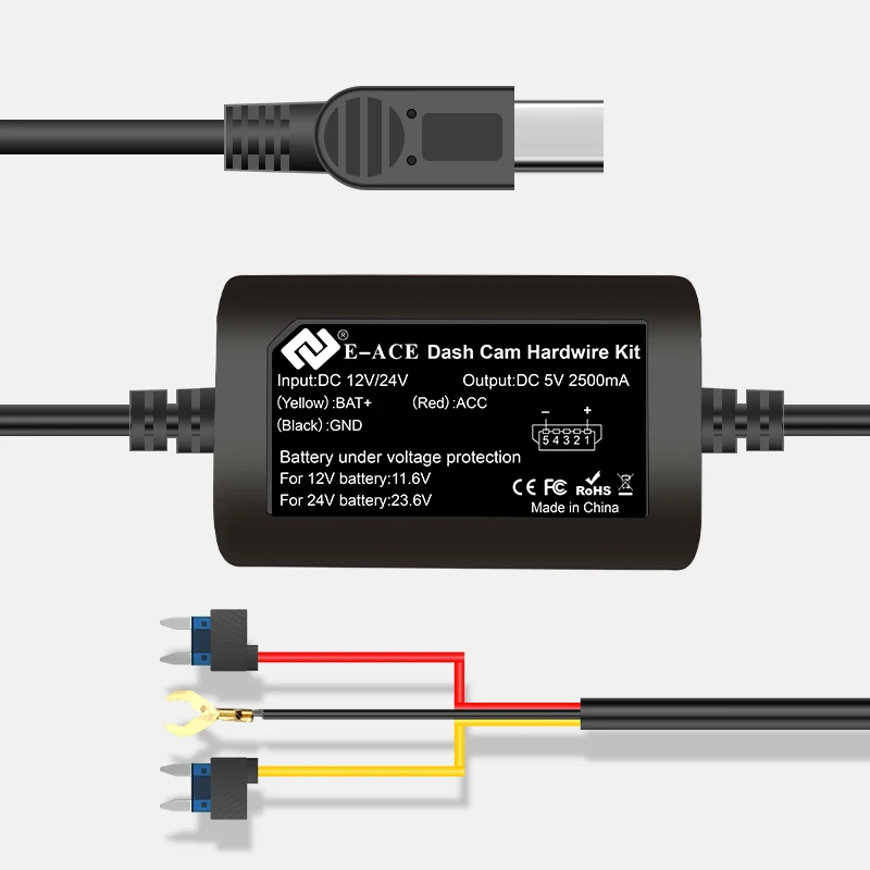 Universal Hard Wire Cable Kit for DashCam Parking Monitoring - 3.5 Meters, mini USB & Type-C
