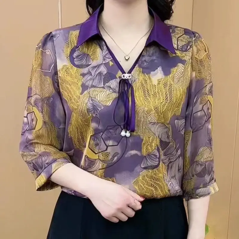 

Summer Temperament Printing Chiffon V-neck 3/4 Sleeve Blouse Ladies Fashion Patchwork Lacing Loose T-Shirt Women Clothing Bow