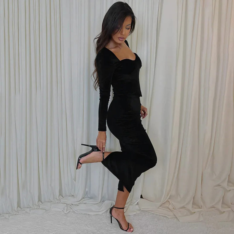Autumn Scoop Neck 2 Piece-Set Maxi Skirt For Women Patchwork Long Sleeve Slim Luxury Party Looks Female Skinny Outfits New