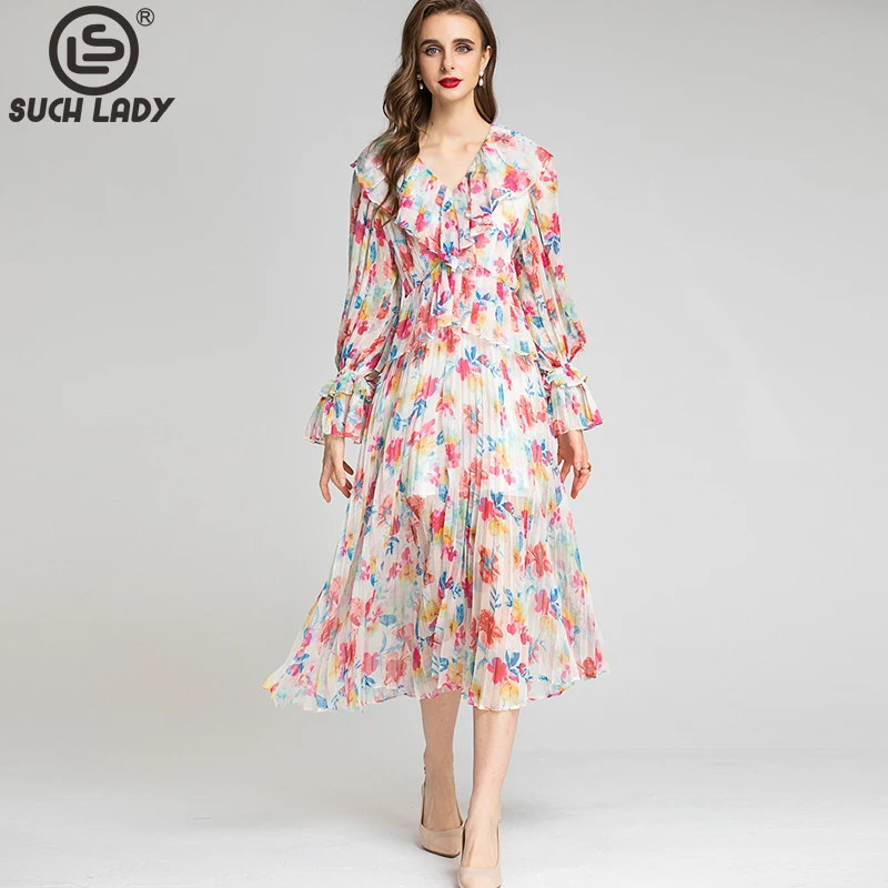 

Women's Runway Dresses V Neck Long Sleeves Ruffles Pleated Printed Elegant Fashion Casual Designer Dress
