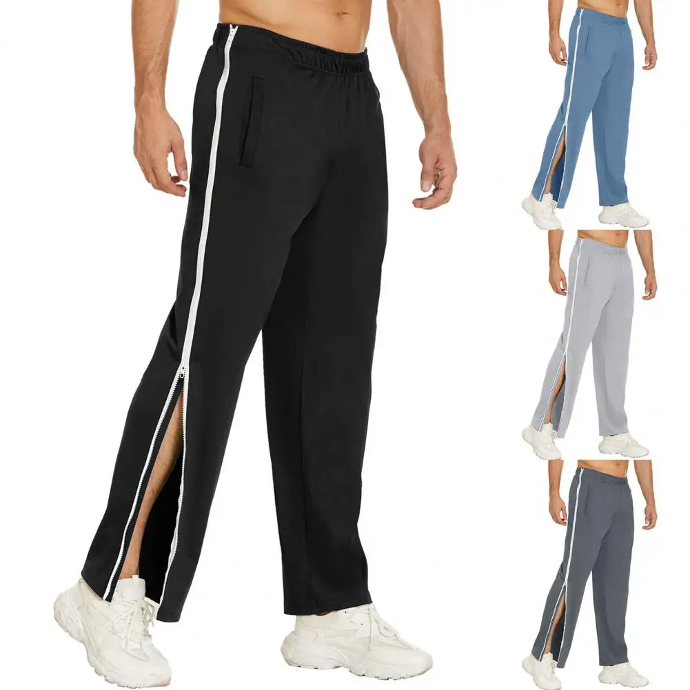 Men Sweatpants Elastic Waistband Pockets Splicing Color Mid-Rise Long Trousers Wide Leg Side Zipper Tear Away Basketball Pants