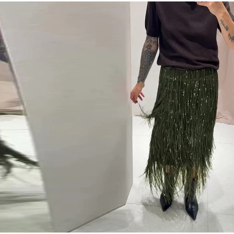 Women's Olive Green Sequin Fringe Midi Skirt Sparkly Tassel Party Skirt for Evening Clubwear 2025 Festival New Sexy Lady Skirts 12 S72c78de488ef4e16bbdc08cc7d06d5e0Y