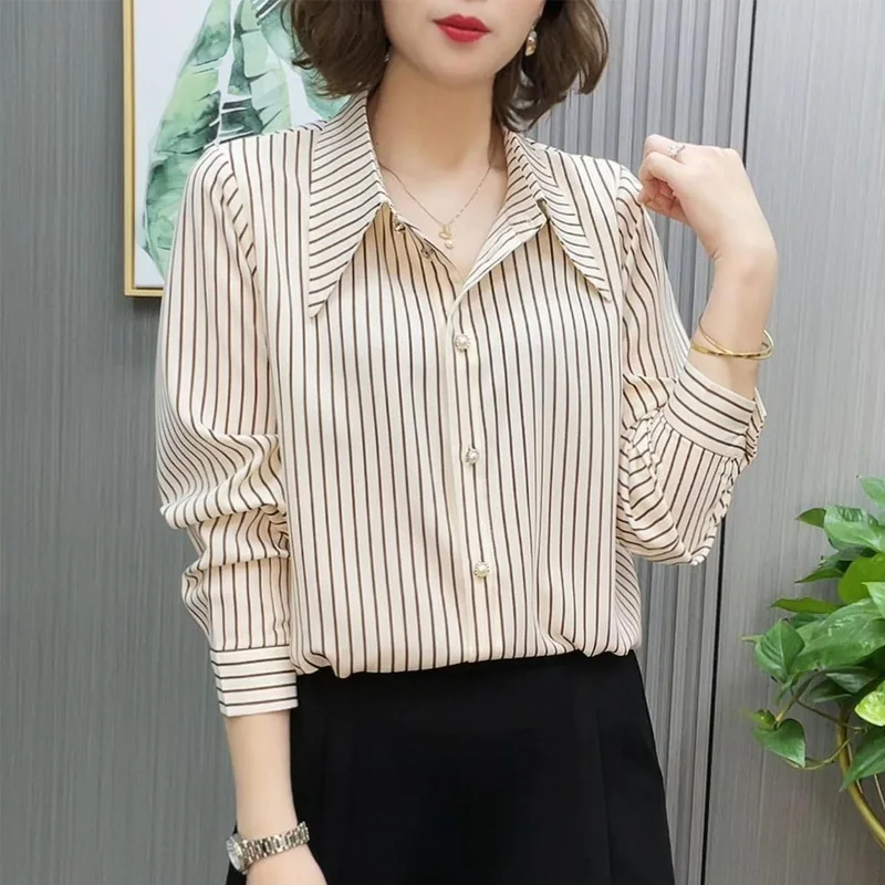 2023 New Spring and Summer Commuter Simple Fashion Stripe Polo Button Top Loose Relaxed Oversized Long Sleeve Women's Shirt