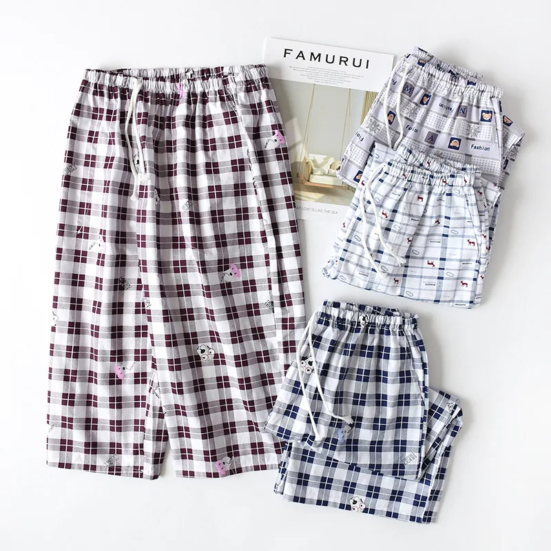 

Men's Cotton Pajama Pants for Spring and Summer Homewear Large Size Leisure Thin Loose Cropped Pants Mens Lounge Wear