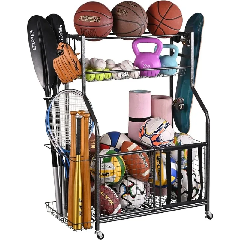 

Sports Organizer for Garage with Hooks and Baskets, Ball Organizer for Garage for Football, Soccer Ball, Bat, Toys