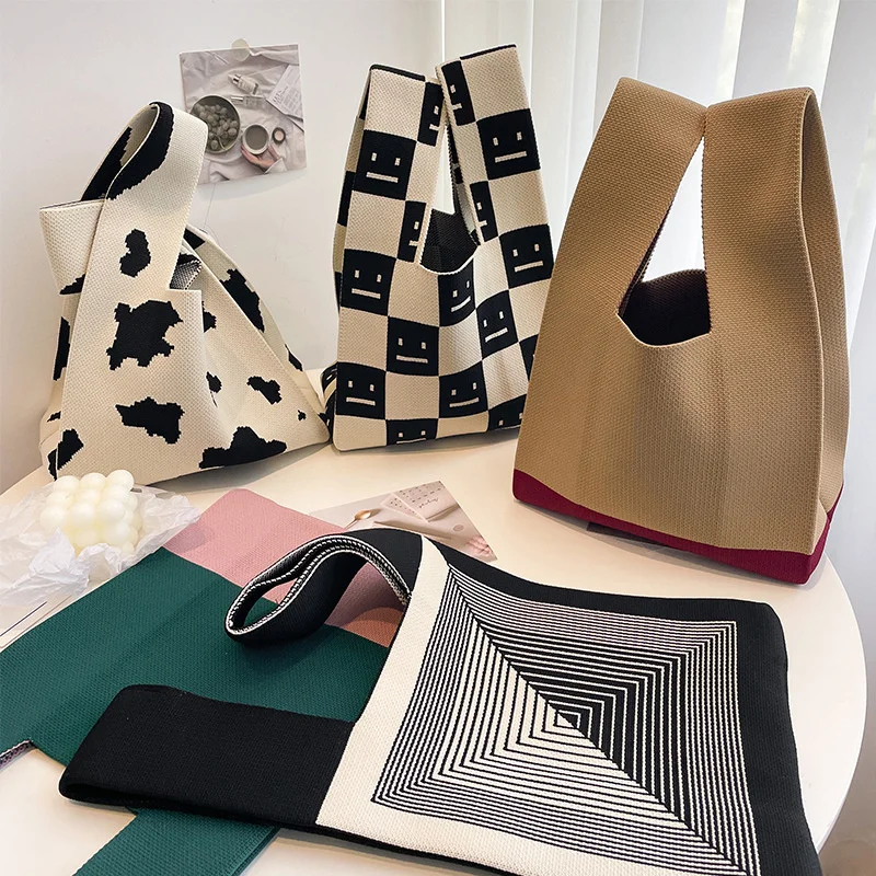 New Wide Striped Handmade Knitted Handbag Minimalist Korean Women Mini Knot Wrist Bag Tote Bag Student Reusable Shopping Bags